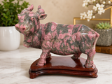 Rhodonite Bull On Wooden Stand
