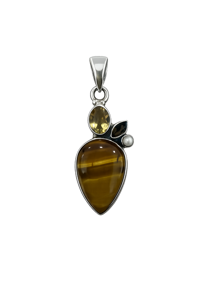 Tiger’s Eye Pendant With Citrine,Smoky Quartz,&Pearl Sterling Silver