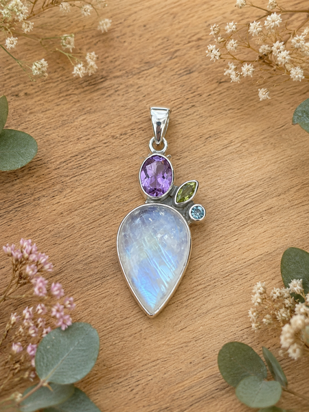 Sterling Silver Moonstone Pendant With Amethyst,Peridot And Blue Topaz