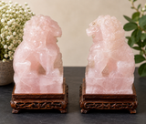 Rose Quartz Carved Foo Dog Pair With Wooden Stand