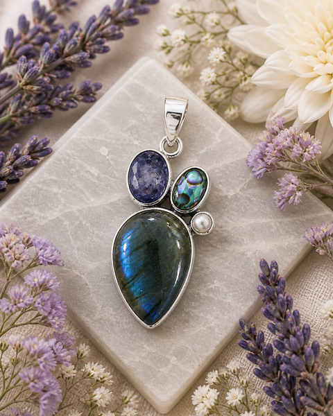 Sterling Silver Labradorite Pendant With Tanzanite,Mystic Quartz,and Pearl