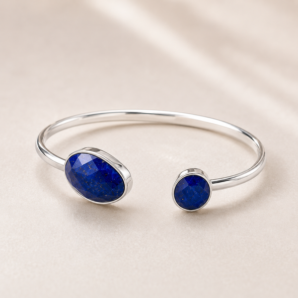Sterling Silver Sleek Lapis Lazuli Bangle Adjustable Bracelet