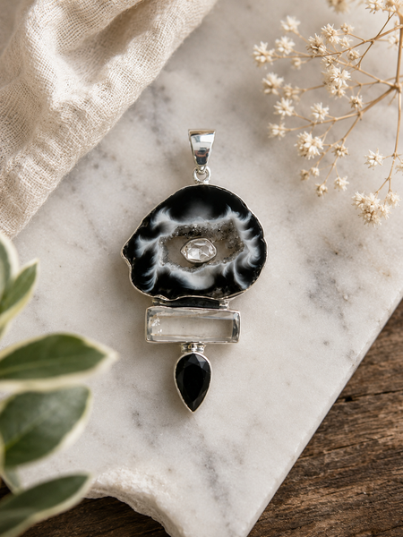 Druzy Agate,Herkimar,Clear Quartz And Black Onyx Pendant Sterling Silver