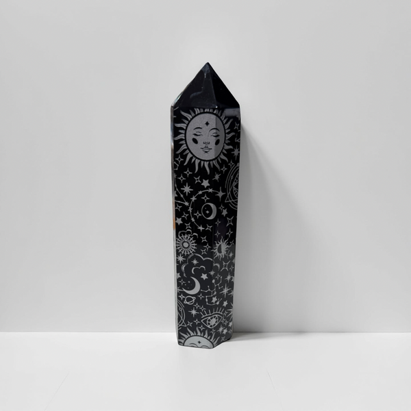 Black Obsidian Silver Zodiac Crystal Tower