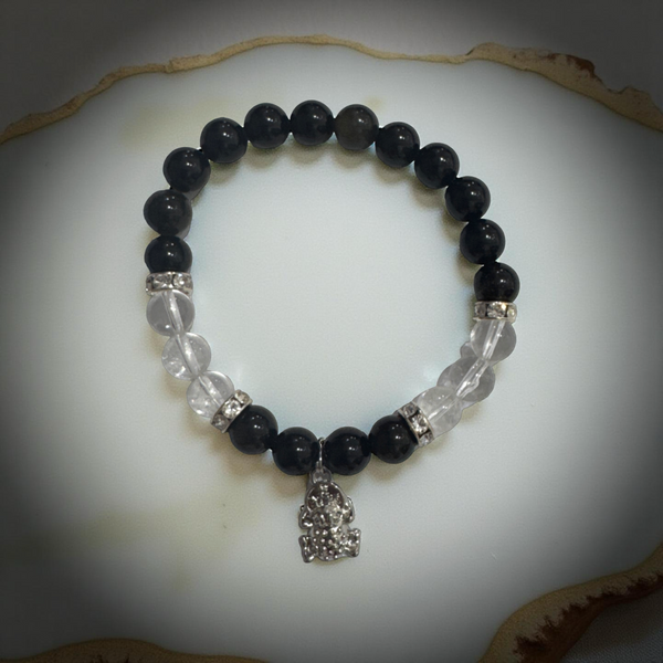 Gold sheen Obsidian Beaded Bracelet With Clear Quartz And Frog Charm