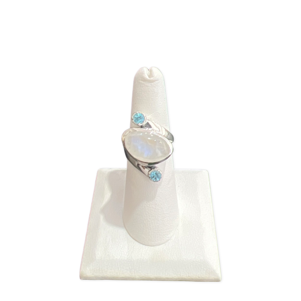 Rainbow moonstone w/ Blue Topaz  ring size 6