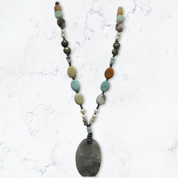 Amazonite With Pearl And Pyrite Necklace