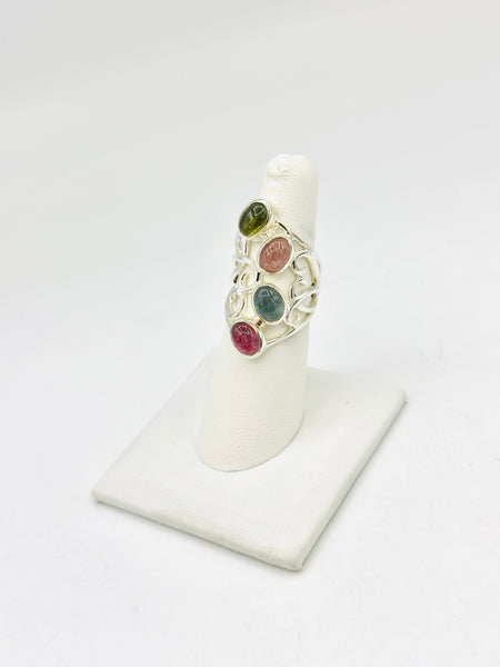 Watermelon tourmaline Size-7 Rings Sterling Silver